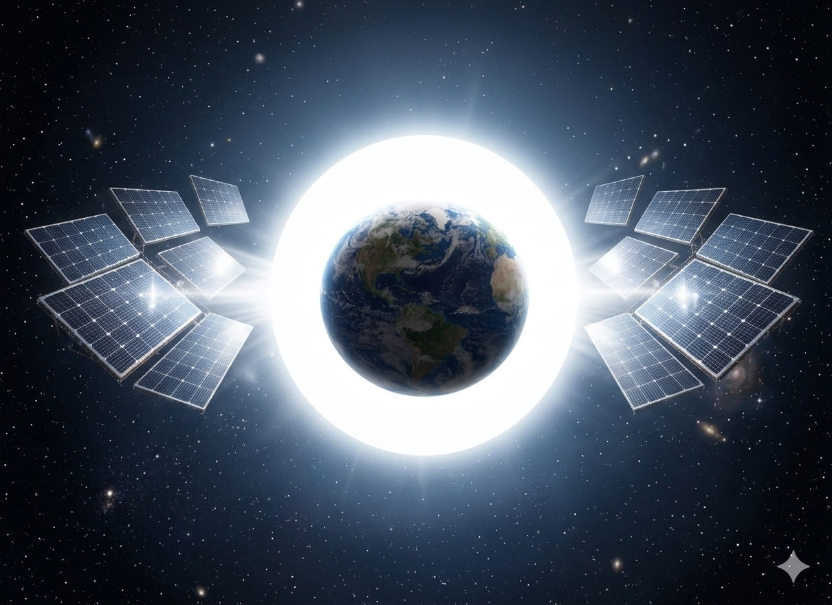 Earth surrounded by solar panels with a glowing sun