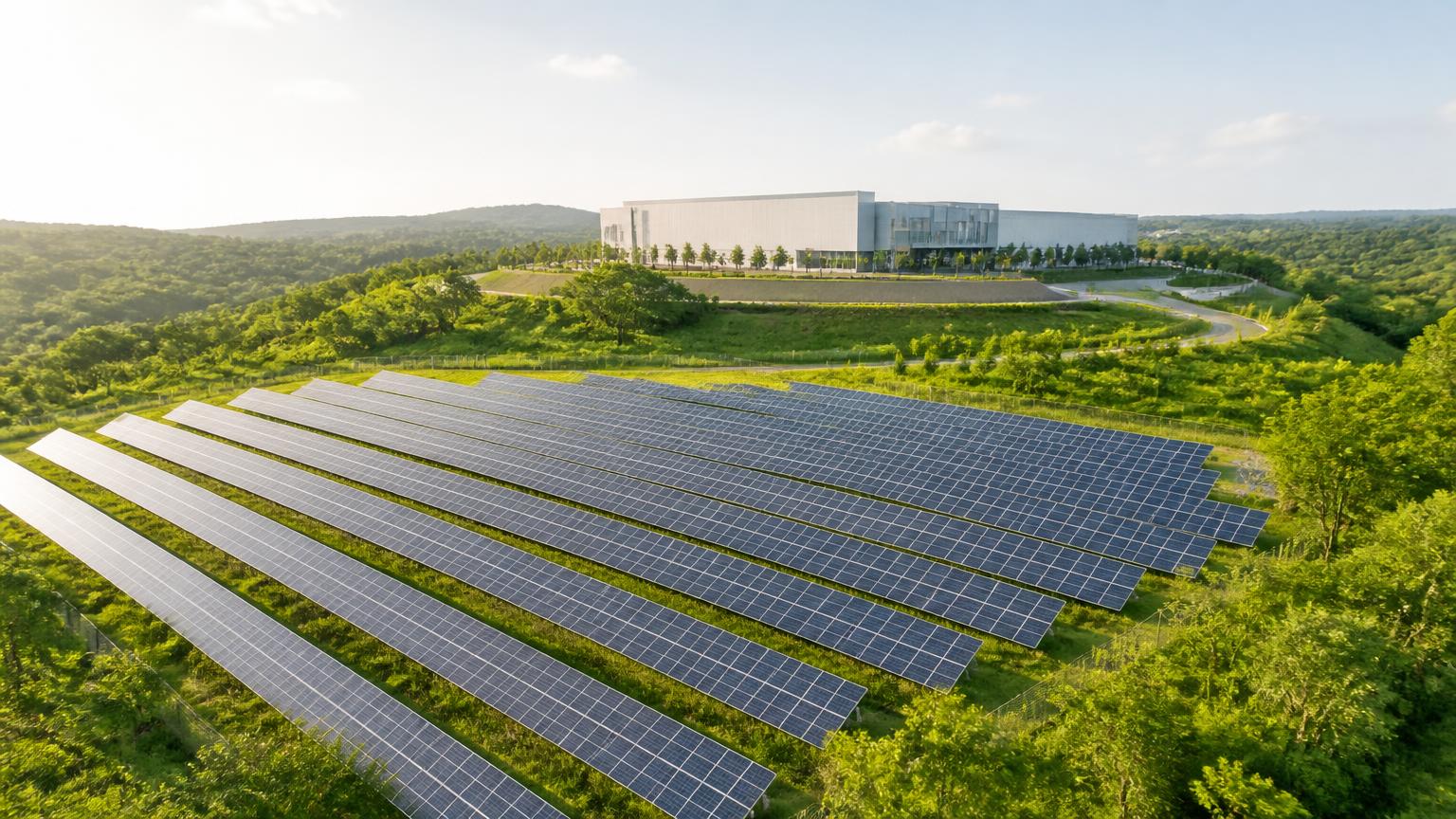 Green landscape with solar arrays and a building beyond them