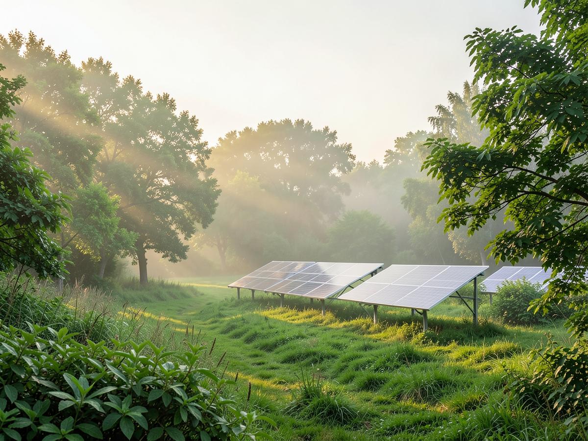 Solar panels within a green landscape